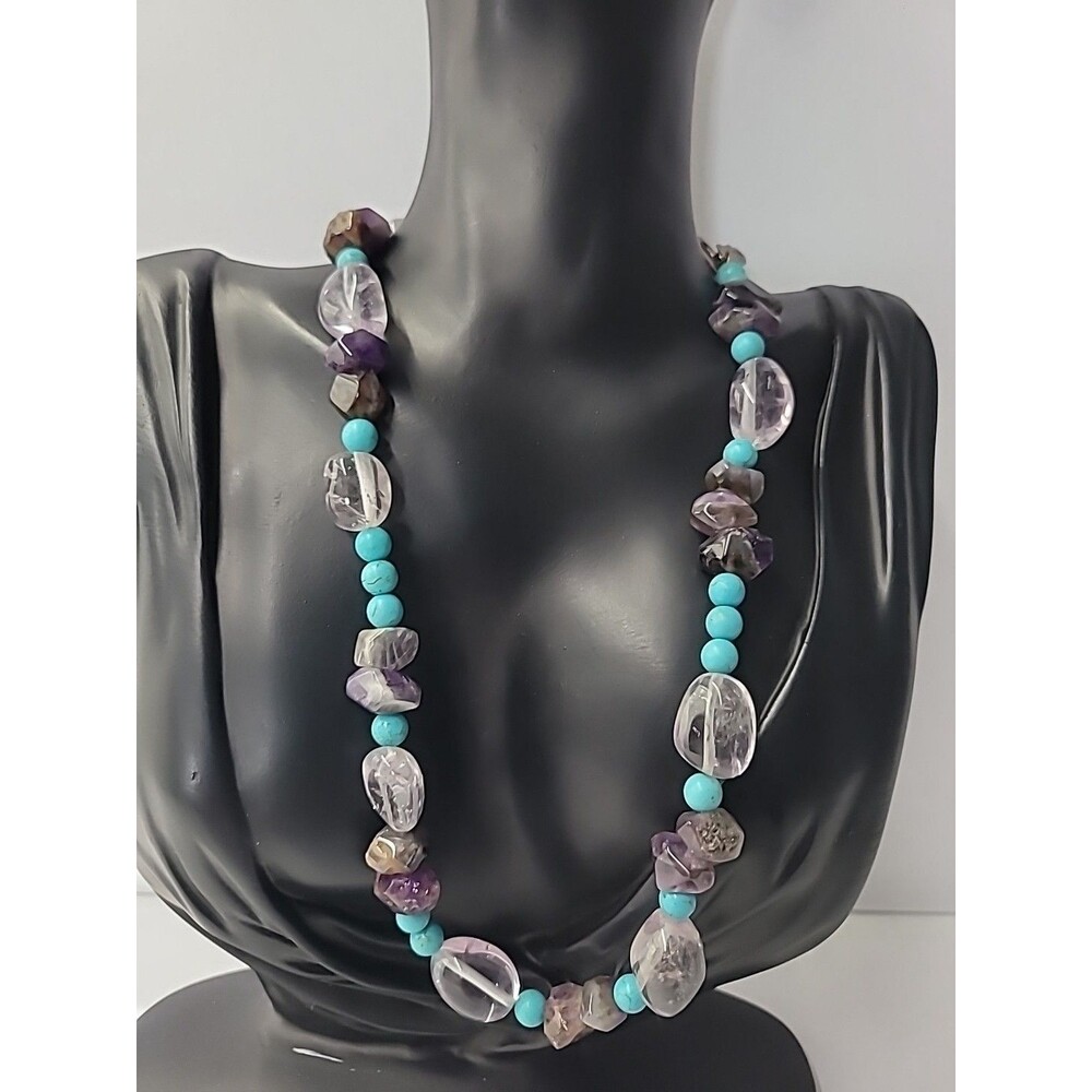 Handmade Amethyst Quartz Turquoise Bead Necklace Boho Natural Stone Toggle Clasp
